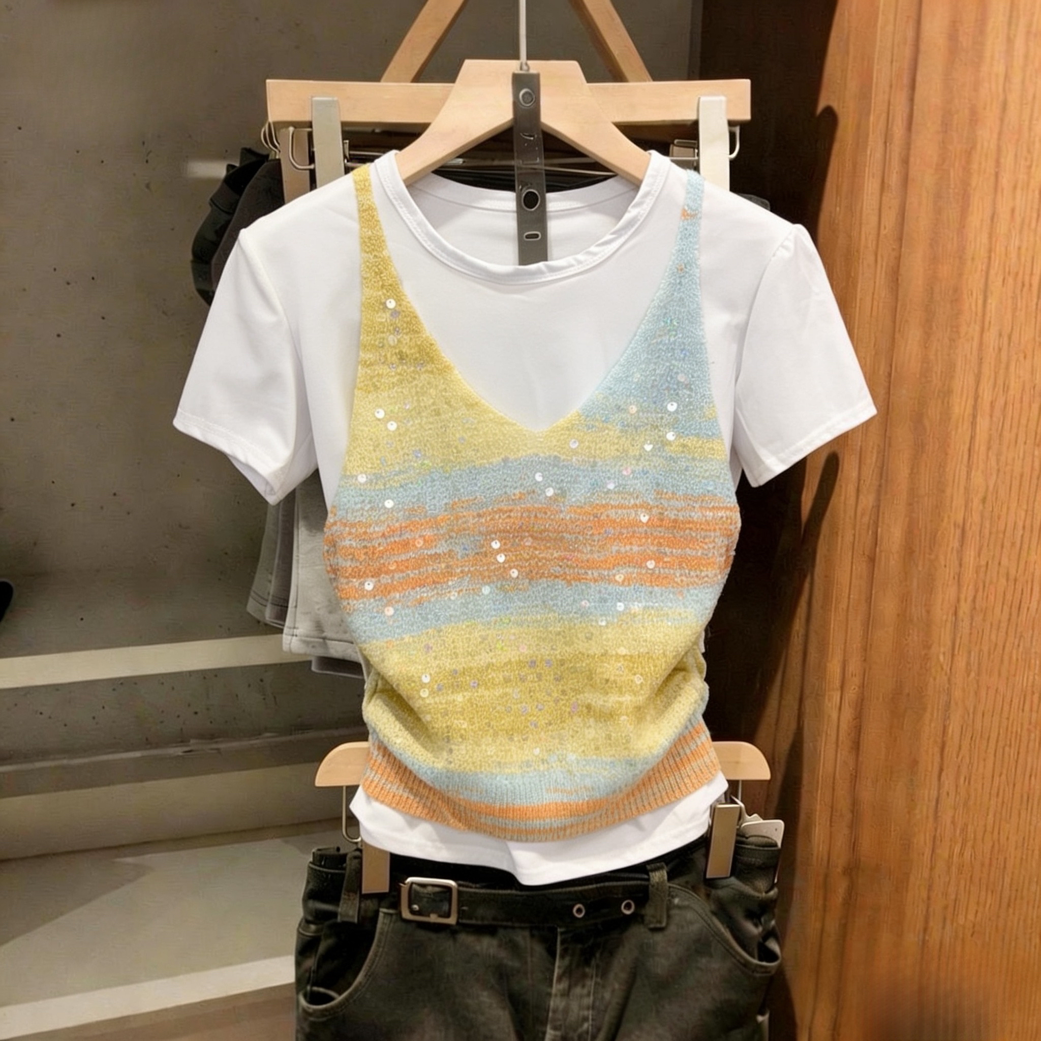 실사 투피스 세트 무거운 작업 자수 스팽글 그라데이션 베스트 반팔 t