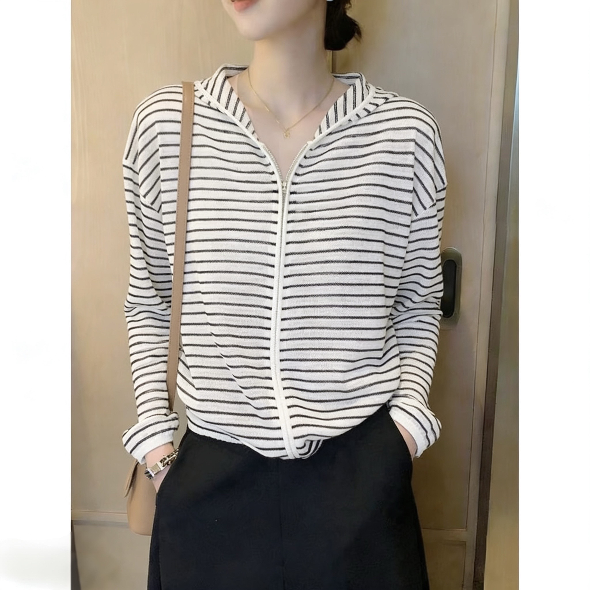 실사 새로운 봄 여름 자외선 차단 의류 후드 긴팔 얇은 코트 여성 의류 빅 사이즈 지방 mm 지퍼 스트라이프 켜기