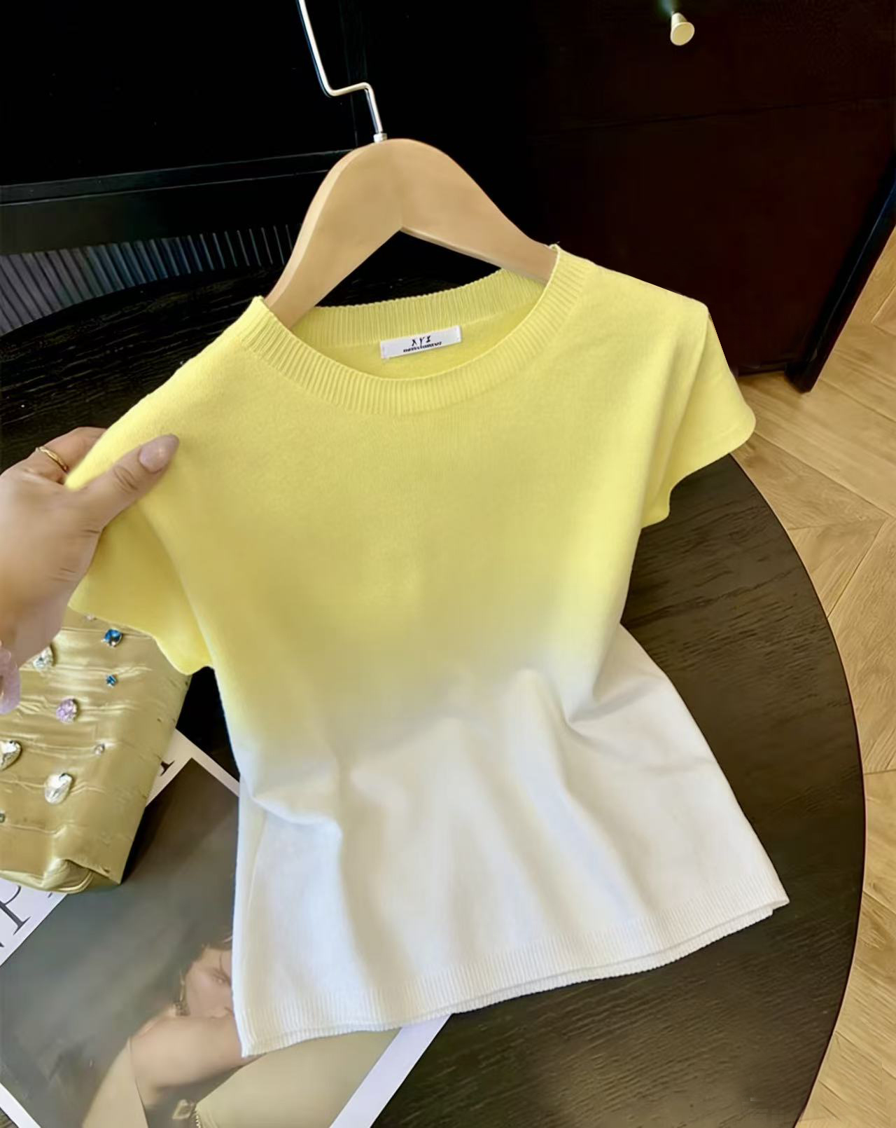 실사 그라데이션 색상 라운드 넥 니트 여성 여름 새로운 맨위