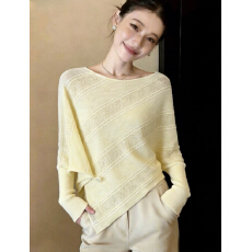 批发实拍<b class='q'>防晒</b> 晴空四重奏 宽松一字领蝙蝠袖斜向镂空提花毛针织套头衫