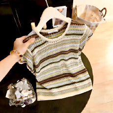 批发实拍休闲风慵懒小众条纹镂空针织衫<b class='q'>女装</b>短袖圆领撞色减龄宽松百搭