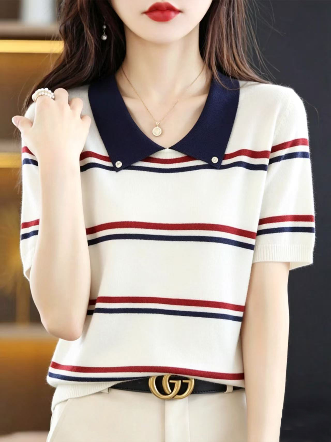 실사 폴로 칼라 반팔 여성 2026 여름 새로운 POLO 칼라 디자인 다용도 맨위