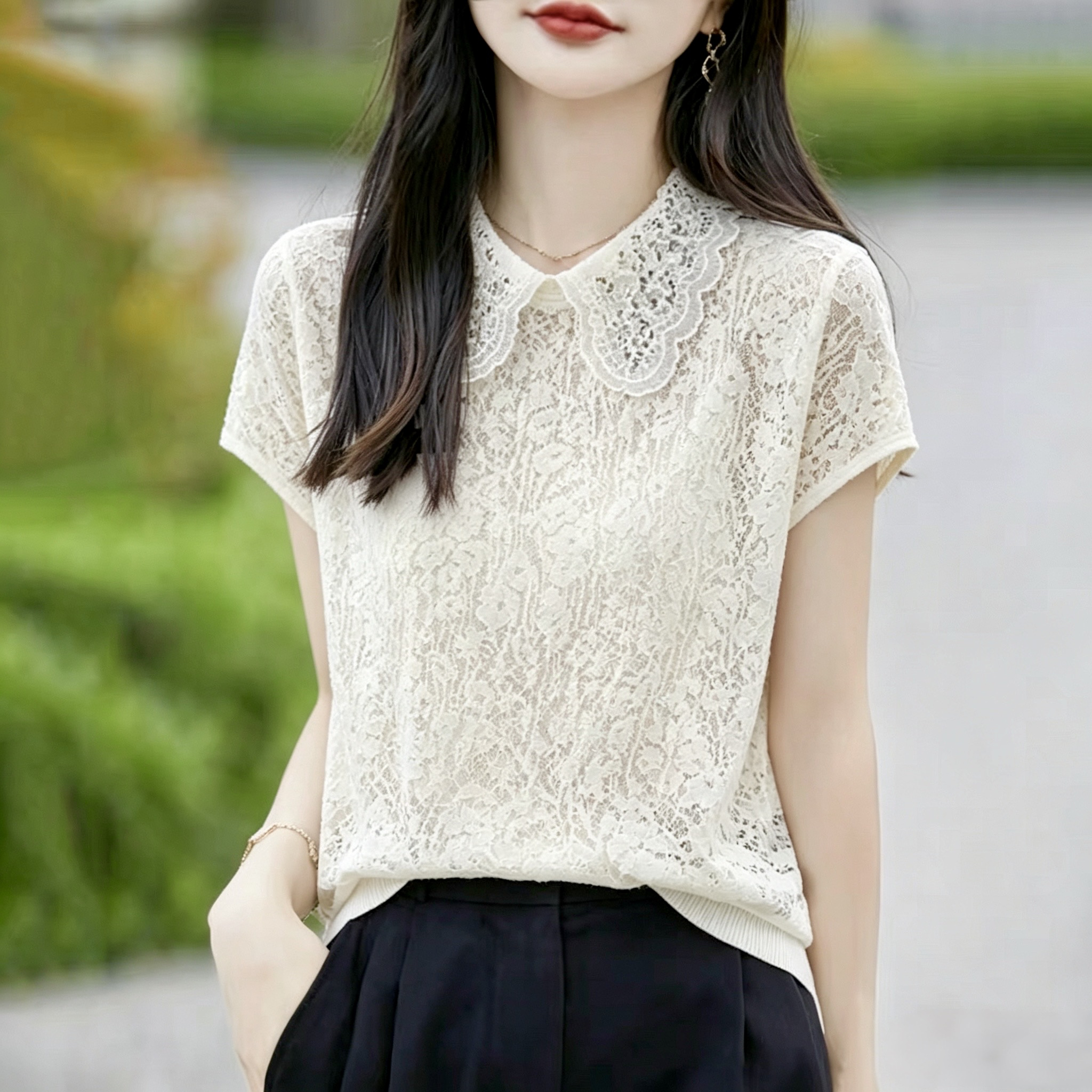 실사 베이비 칼라 양 니트 반팔 여성 셔츠 디자인 센스 작은 대중 레트로 품격 얇은 스타일 홀로우 아웃 자카드 작은 셔츠
