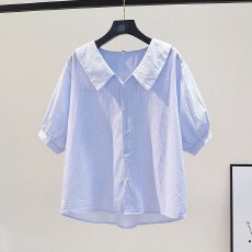 批发<b class='q'>品牌</b><b class='q'>折扣</b>娃娃领条纹棉布衬衫女夏季新款韩版宽松休闲短袖衬衣上衣