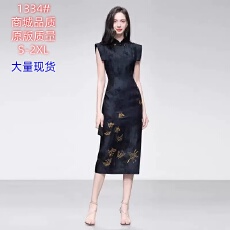 批发2026夏季新款新中式<b class='q'>复古</b>暗纹刺绣蝴蝶收腰显瘦开衩旗袍连衣裙