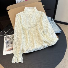 批发法式重工刺绣花边领<b class='q'>衬衫</b>女秋季季独特喇叭袖蕾丝打底衫超好看上衣