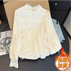 批发长袖蕾丝衬衫女春秋冬新款木耳领加绒加厚磨毛打底上衣洋气小衫