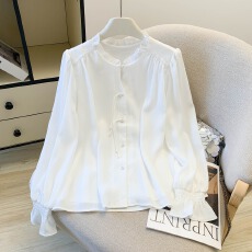 批发2026早春白色木耳边立领衬衫女长袖气质百搭淑女风打底纽扣上衣