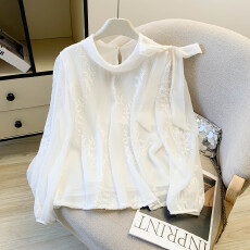 批发蝴蝶结飘带钉珠刺绣雪纺衬衫~早春季蕾丝气质上衣