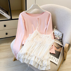 批发温柔风甜美粉色T恤打底衫网纱吊带背心两件套女春季2026新款上衣