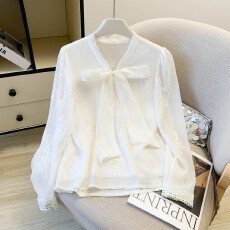 批发法式风蕾丝提花系带蝴蝶结衬衫女2026春秋绝美的衬衣