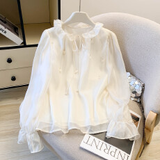 批发法式温柔风立体花朵钉珠系带衬衫女春季2026新款洋气小衫长袖上衣