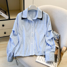 批发韩系蕾丝花边拼接撞色条纹蓝色衬衫女春季2026新款设计感小众上衣