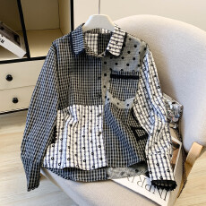 批发韩系趣味拼接撞色提花刺绣条纹衬衫女春季2026新款设计感小众上衣