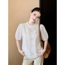 批发法式重工蕾丝拼接镂空白色<b class='q'>衬衫</b>女夏季泡泡短袖上衣2026新款百搭潮