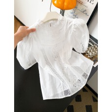 批发法式重工蕾丝拼接镂空白色<b class='q'>衬衫</b>女夏季泡泡短袖上衣2026新款百搭潮