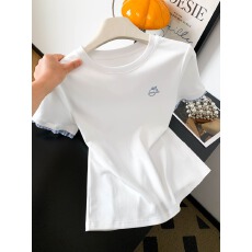 批发白色圆领短袖T恤衫女2026夏季新款格子拼接休闲宽松半袖体恤上衣