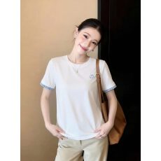 批发白色圆领短袖T恤衫女2026夏季新款格子拼接休闲宽松半袖体恤上衣