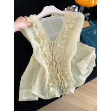 批发法式高级感荷叶花边系带v领衬衫女春夏2026新款防晒开衫<b class='q'>长袖</b>上衣