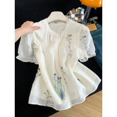 批发时尚百搭印花圆领衬衫女2026夏季新款荷叶<b class='q'>短袖</b>气质正肩小衫上衣潮