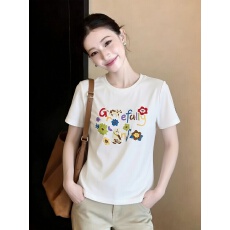 批发<b class='q'>甜美</b>少女风植物花卉刺绣圆领短袖T恤女2025夏季大码宽松显瘦上衣