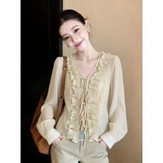 批发法式高级感荷叶花边系带v领衬衫女春夏2026新款防晒开衫<b class='q'>长袖</b>上衣