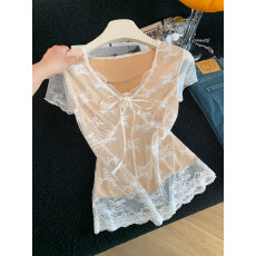 批发纯欲性感V领钩花<b class='q'>网纱</b>蕾丝衫女夏季独特小衫辣妹收腰漂亮短袖<b class='q'>上衣</b>