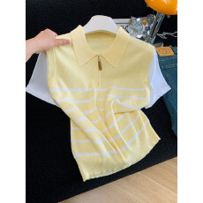 批发2026夏季新款撞色<b class='q'>假两件</b><b class='q'>针织衫</b>女百搭翻领半拉链短袖上衣女设计感