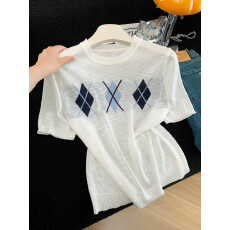 批发韩系复古菱形短袖针织衫女2026新款夏季穿搭<b class='q'>宽松</b>显瘦薄款打底上衣