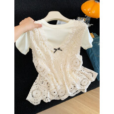 批发夏季新款蕾丝马夹T恤<b class='q'>两件套</b>装女新款勾花镂空蝴蝶结针织V领小背心