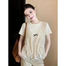 批发夏季新款蕾丝马夹T恤<b class='q'>两件套</b>装女新款勾花镂空蝴蝶结针织V领小背心