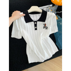 批发小香风针织衫短袖T恤女夏季2026新款翻领撞色镂空POLO衫<b class='q'>韩版</b>上衣