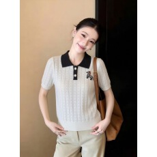 批发小香风针织衫短袖T恤女夏季2026新款翻领撞色镂空POLO衫<b class='q'>韩版</b>上衣