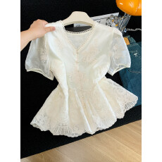 批发法式漂亮气质蕾丝小衫上衣女夏季2026新款洋气短袖雪纺<b class='q'>衬衫</b>小个子