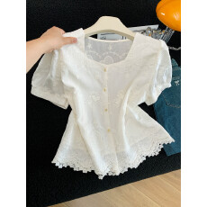 批发法式方领蕾丝花边短袖衬衫女夏2026新款减龄洋气独特漂亮百搭上衣