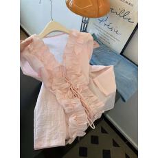 批发法式高级感荷叶花边系带v领衬衫女春夏2026新款防晒开衫长袖上衣