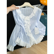 批发法式气质甜美风条纹荷叶边长袖衬衫女春季蕾丝拼接高级感通勤上衣