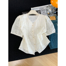 批发法式V领刺绣镂空短袖蕾丝衬衫女2026夏季新款温柔风显瘦气质上衣