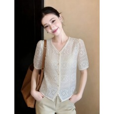 批发法式V领刺绣镂空短袖蕾丝衬衫女2026夏季新款温柔风显瘦气质上衣