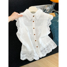 批发法式镂空小飞袖蕾丝衬衫女2026年夏季新款小个子洋气减龄<b class='q'>无袖</b>上衣