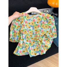 批发2026夏装<b class='q'>新款</b>田园风泡泡袖碎花T恤<b class='q'>女</b>甜美减龄圆领短款上衣百搭