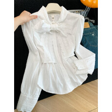 批发小香风蝴蝶结泡泡袖衬衫女春装高级感挂脖上衣蕾丝打底衫内搭衬衣