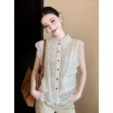 批发法式<b class='q'>镂空</b>小飞袖蕾丝衬衫女2026年夏季新款小个子洋气减龄无袖上衣