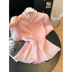 时尚夏季法式甜美风娃娃衫女短袖蕾丝花边领泡泡袖衬衫宽松小衫