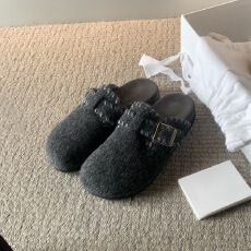 批发韩版复古勃肯鞋保暖一脚蹬厚底毛呢博肯毛毛鞋包头拖鞋外穿女<b class='q'>秋</b>冬