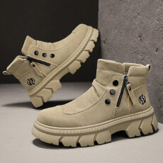 批发马丁靴男士高帮英伦皮面复古工装靴子秋冬季套脚拉链厚底增高男鞋