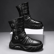 批发<b class='q'>秋</b>冬新款厚底增高骑士潮靴皮面黑色工装机车侧拉链高帮户外男靴