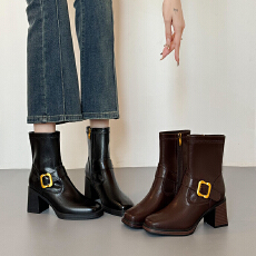 批发软皮底复古风高跟方头短靴软皮防水台粗跟靴~7厘米增高瘦瘦靴气质