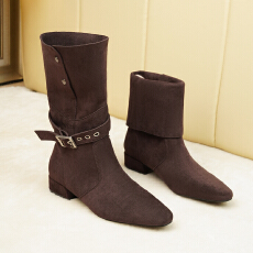 批发牛皮版新复古擦色圆头粗跟西部牛仔靴女百搭皮带扣翻领两穿中筒靴