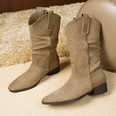 批发粗跟卡其色绒面堆堆中筒骑士靴女靴子2025秋<b class='q'>冬</b>季尖头V口瘦瘦短靴